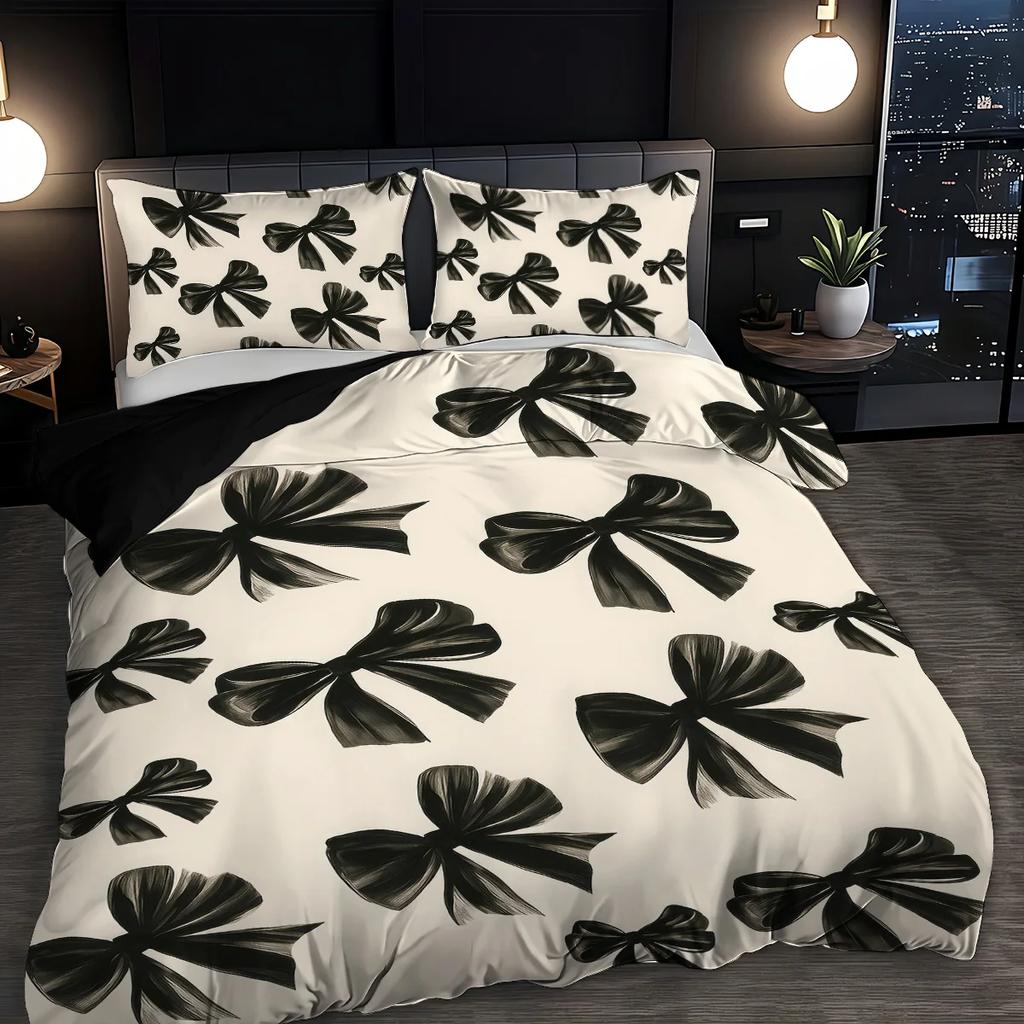 3Pcs Black Bow Print Coreless Bedding Set Multiple Sizes Suitable For Bedrooms And Dormitories Comfortable And Machine Washable