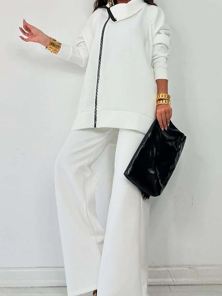New Women's Fall/Winter Solid Casual Loose Fit Zip-Up Sport Shirt & Wide Leg Pants Set