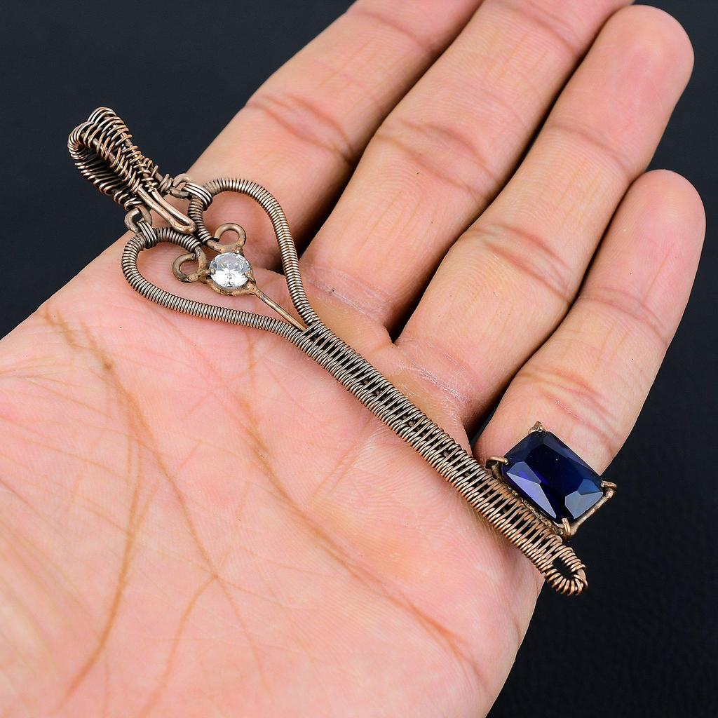 Faceted Blue Sapphire Gemstone Pure Copper Wire Wrapped Handmade Pendant Key Shaped Jewelry