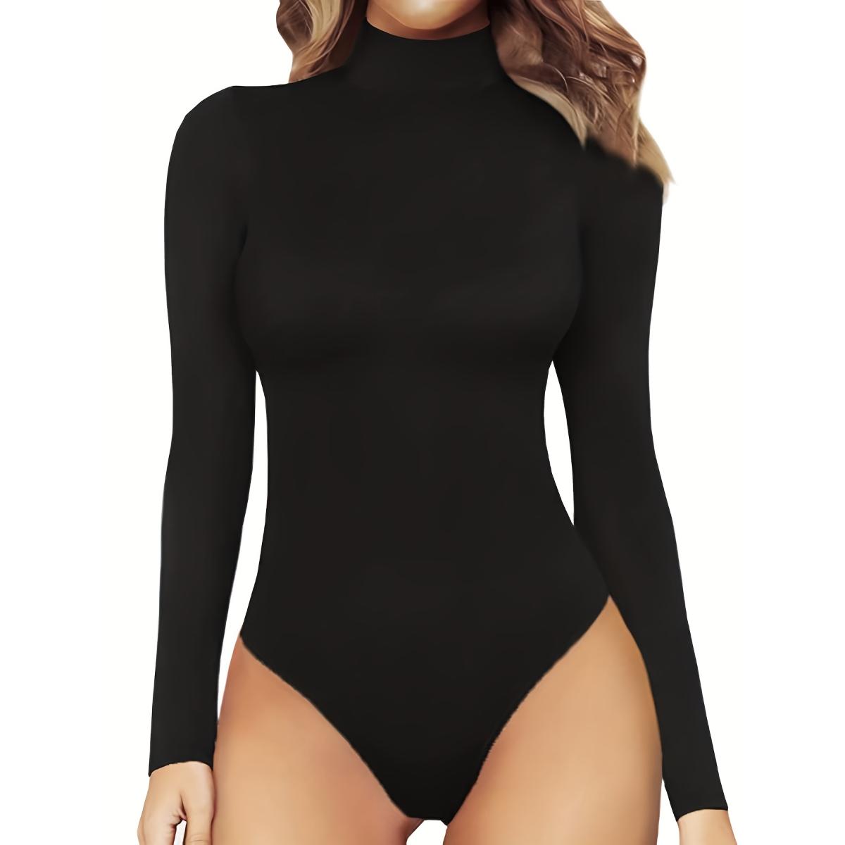 

1 шт. Женская цельная футболка, тонкий длинный рукав, полувысокий ворот, однотонный комбинезон, топ L чёрный