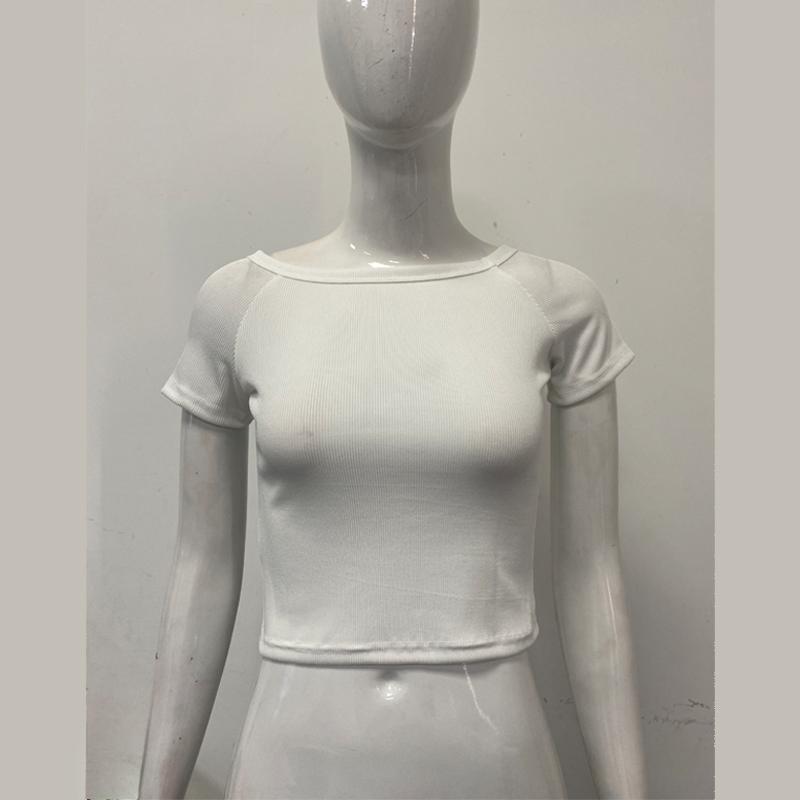 Европейский и американский летний ретро круглый вырез облегающий минималистичный короткий топ S белый