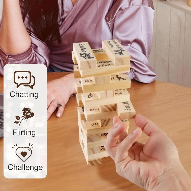 Jeu de couple pour adultes, 48 pièces Jeu de tour de luxure en bois rose pour idées de soirée coquine et cadeaux de couple amusants pour elle, cadeau de jeux d'empilage unique