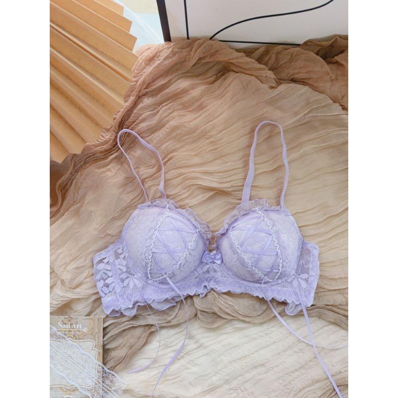 Women Cute Pink White Lace Wireless Bra with Ruffle Trim and Ribbon Ties