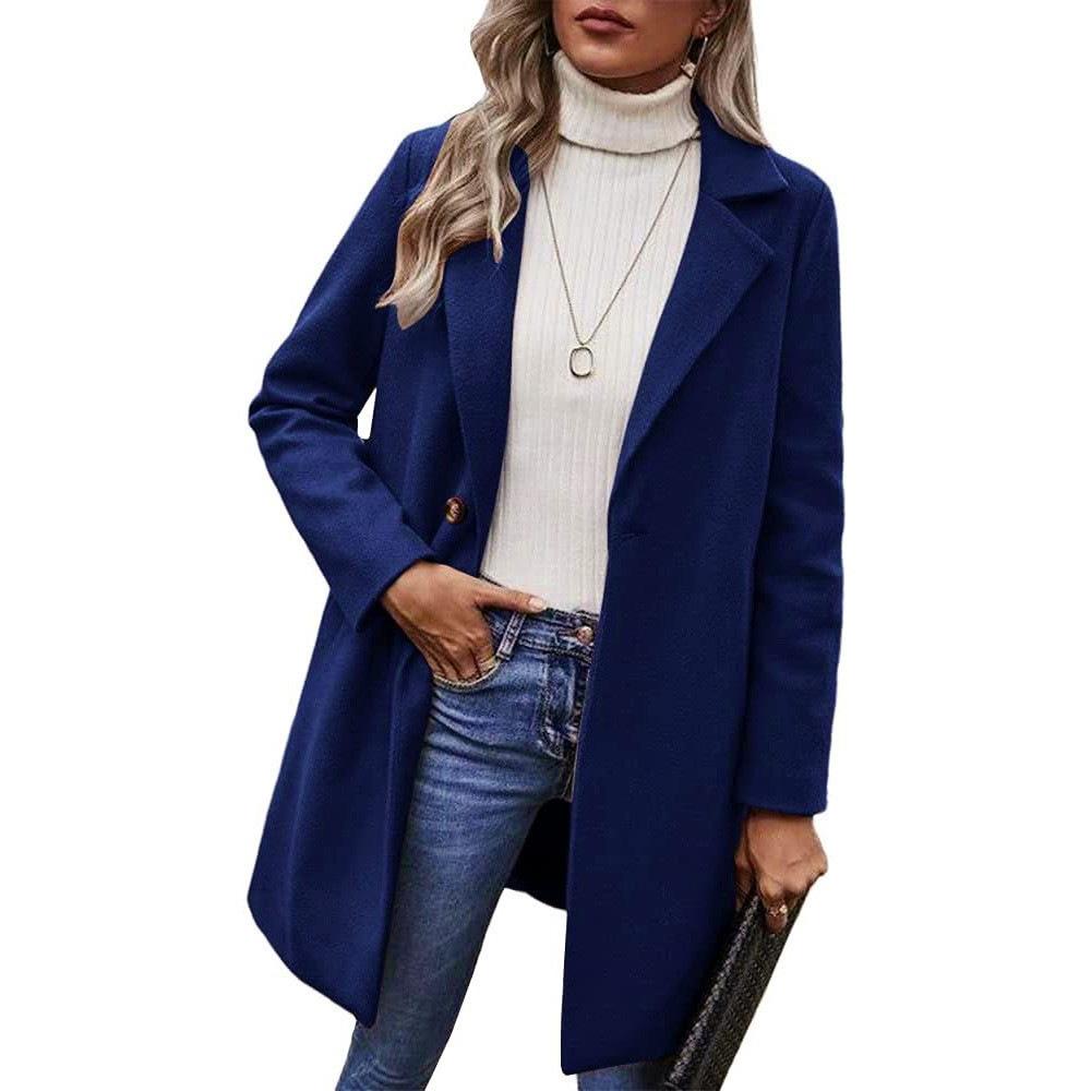 Women's Woolen Mid-Length Trench Coat, British Style, Classic Solid Color, Winter Workwear, Double-Sided Fleece.