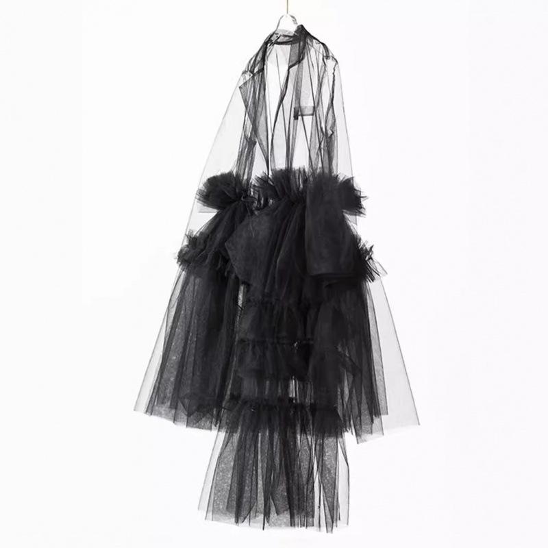 European Design Sheer Mesh Skirt Suit Collar Multi-Layer Patchwork Dress