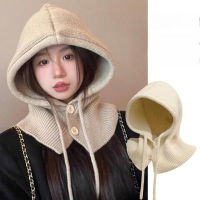 Autumn Winter Warm Neck Protection Knit Balaclava Hat Thickened Ear Protection Wool Hat Drawstring One Piece Scarf Hooded Cap