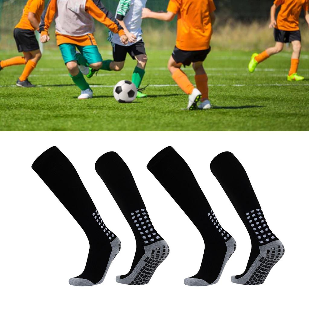 Kids Football Socks Sweat Absorbing Prevent Slip Stretchy Child Sport Stockings for Boys Girls Black 2 Pairs