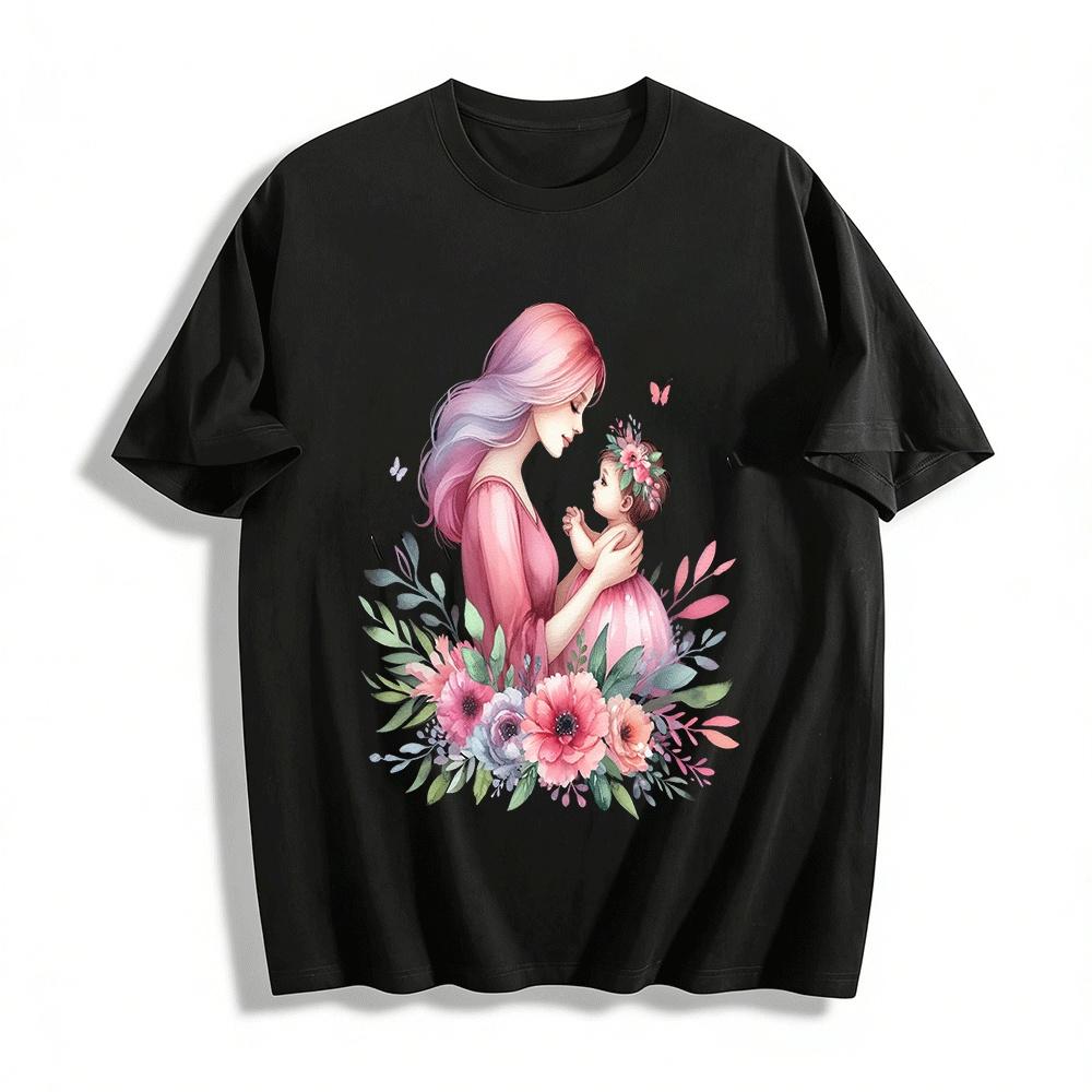 Mother And Baby Floral Print Tee Warm Parent-child Love Top Pure cotton T-shirt XXS