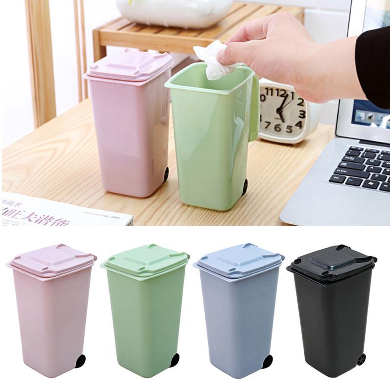 Mini Desktop Trash Can 3color Garbage Storage Box Living Room Coffee Table with Cover Small Paper Basket Plastic Garbage Bag