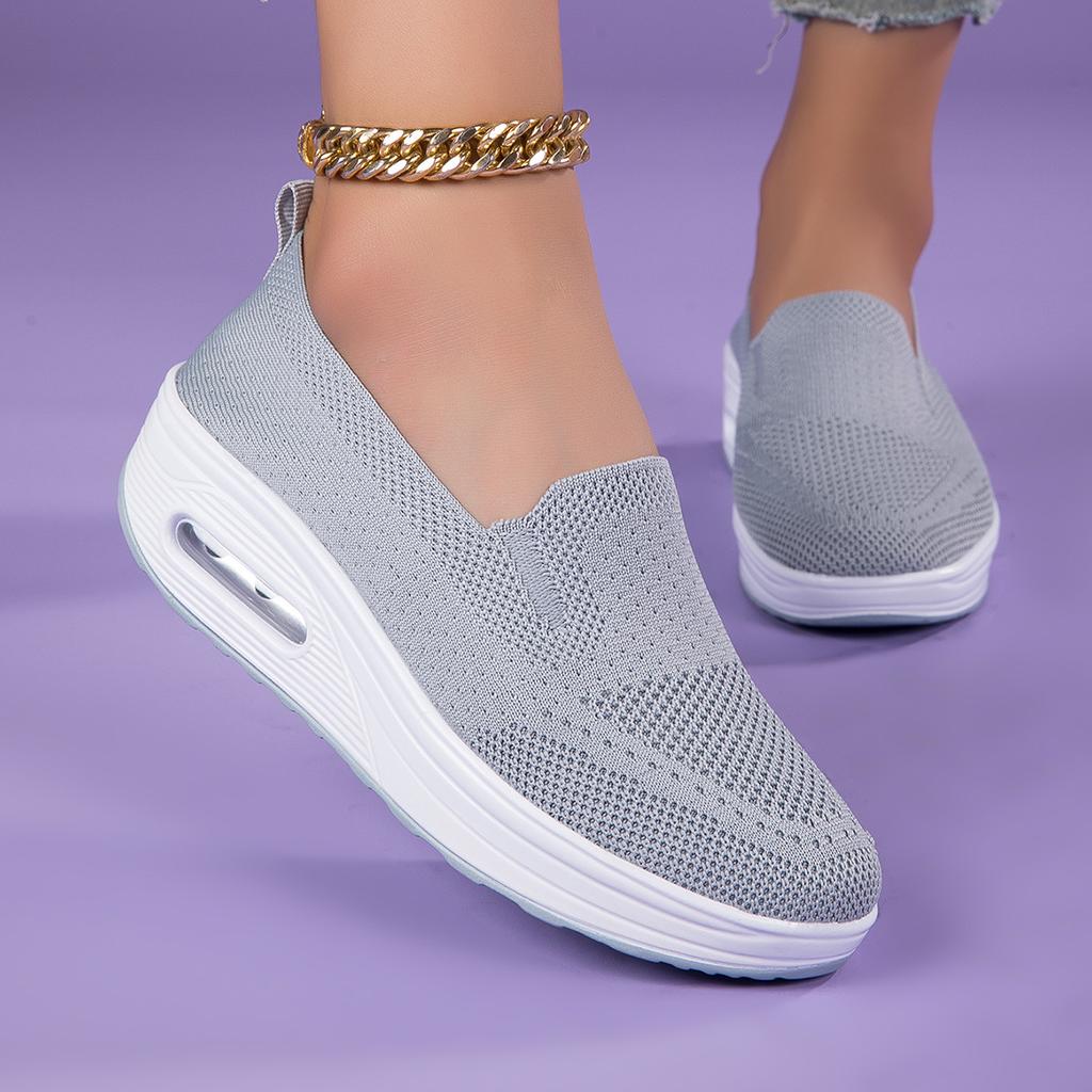 Large Size 35-44 Sets of Feet, One Pedal, Thick Sole Heightening Air Cushion Rocking Shoes, Flying Woven Mesh, Breathable Casual Women