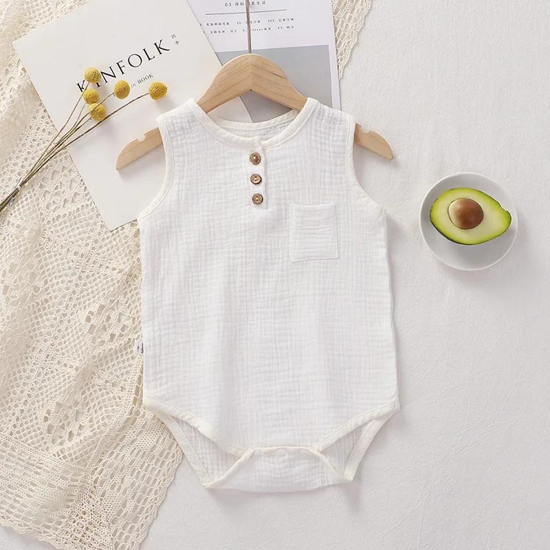 Summer Infant One-piece Clothes 0-3Y Newborn Cotton Gauze Bodysuit Baby Girl Boy Sleeveless Button Design Breathable Romper