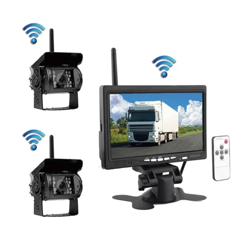 

7-дюймовый TFT ЖК-монитор для автофургона, грузовика, автобуса, беспроводная двойная резервная камера заднего вида для автомобиля, водонепроницаемая система ночного видения с ИК-подсветкой, помощь при парковке