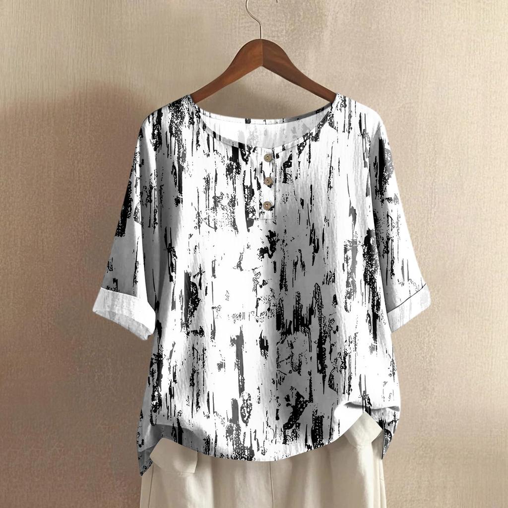 Women's Casual Mid-sleeve Round Neck Retro Floral Print Cotton And Linen Top