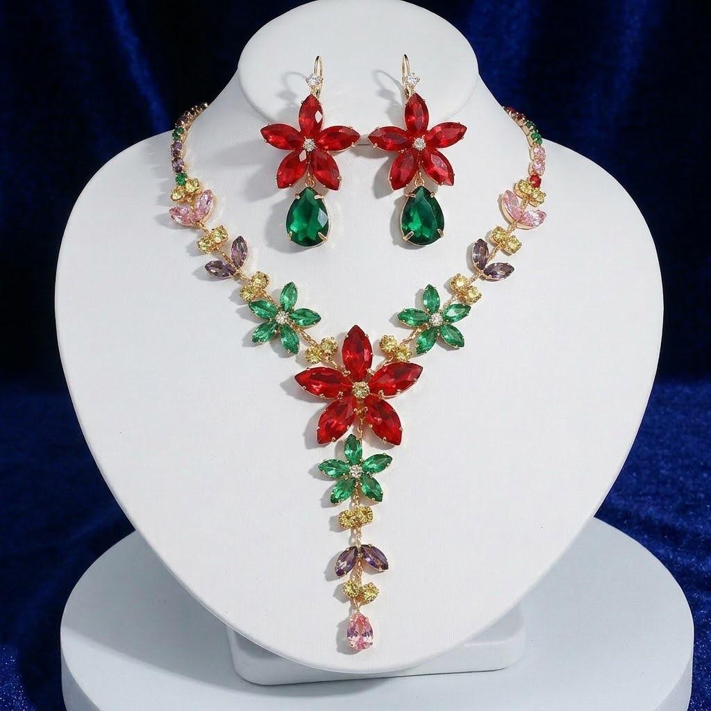 European Style Zircon Red Flower Necklace & Earrings Set