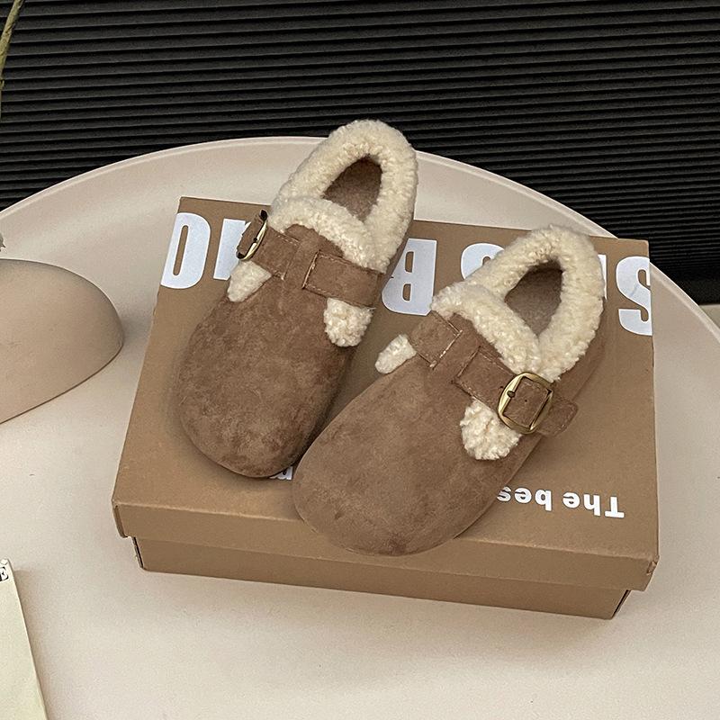 Retro comfortable casual one-pedal flat shoes women's autumn and winter fashion versatile velvet warm snow cotton shoes fluffy shoes