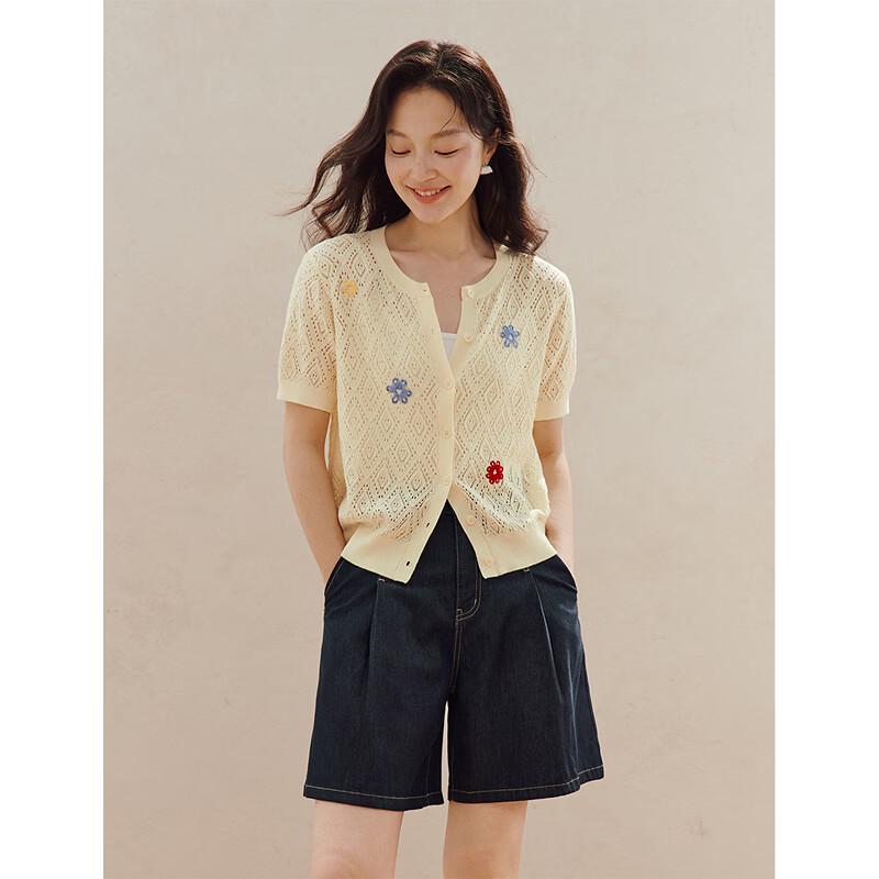 INMAN Women's Floral Embroidered Xinjiang Cotton Short Sleeve Cardigan
