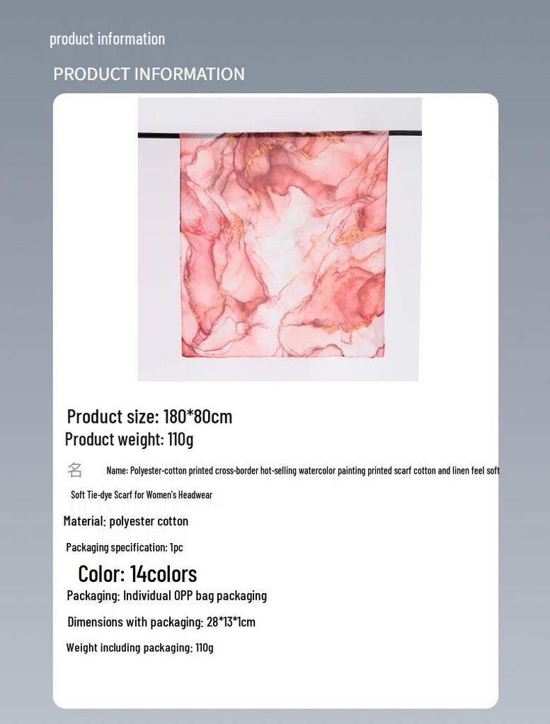 Women's Tie-Dye Watercolor Cotton Linen Scarf - Soft and Stylish Headscarf