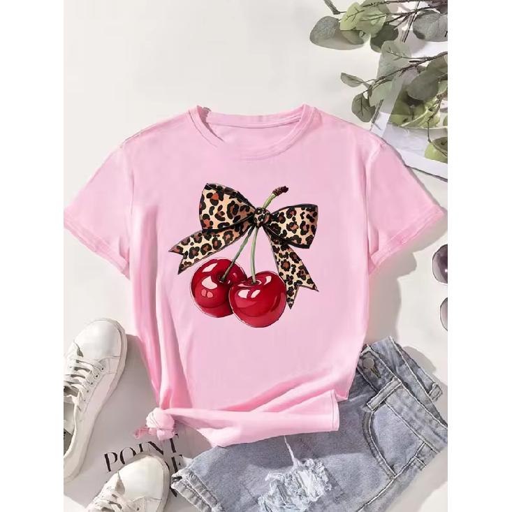 Fashion Cherry Print Women T-Shirt Short Sleeve Crew Neck Casual Tops for Summer Spring Women's Clothing Tops Tees