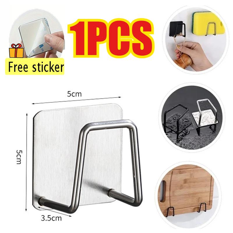 Steel Kitchen Sink Sponge Holder Sink Wall-mounted Dishwashing Sponge Holder Self Adhesive Drain Drying Rack Bathroom Organizer