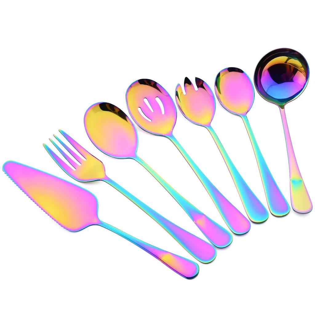 8Pcs Gold Stainless Steel Dinnerware Set Butter Knife Cake Spatula Cutlery Service Soup Spoon Colander Spoon Salad Fork Flatware