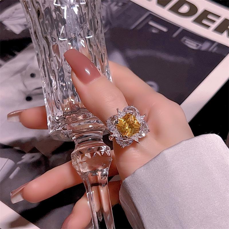Oumeins Luxury Yellow Zircon Gemstone Jewelry Set: Square Stud Earrings, Necklace, Ring - Perfect for Evening Socialite Banquets.