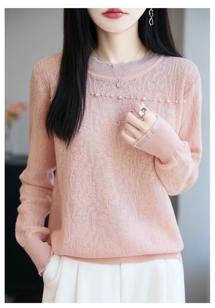 Lace Bead-Embellished Wool Sweater with Loose Comfortable Fit and Exquisite Lace Design for Fall/Winter Versatile Style