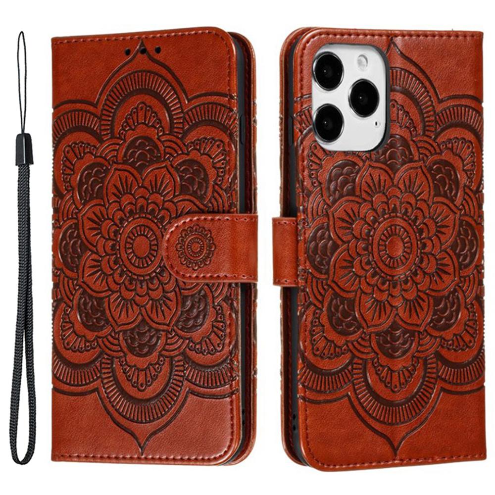 

For iPhone 16 Pro Max Case PU Leather Mandala Imprinted Design Wallet Phone Cover Brown