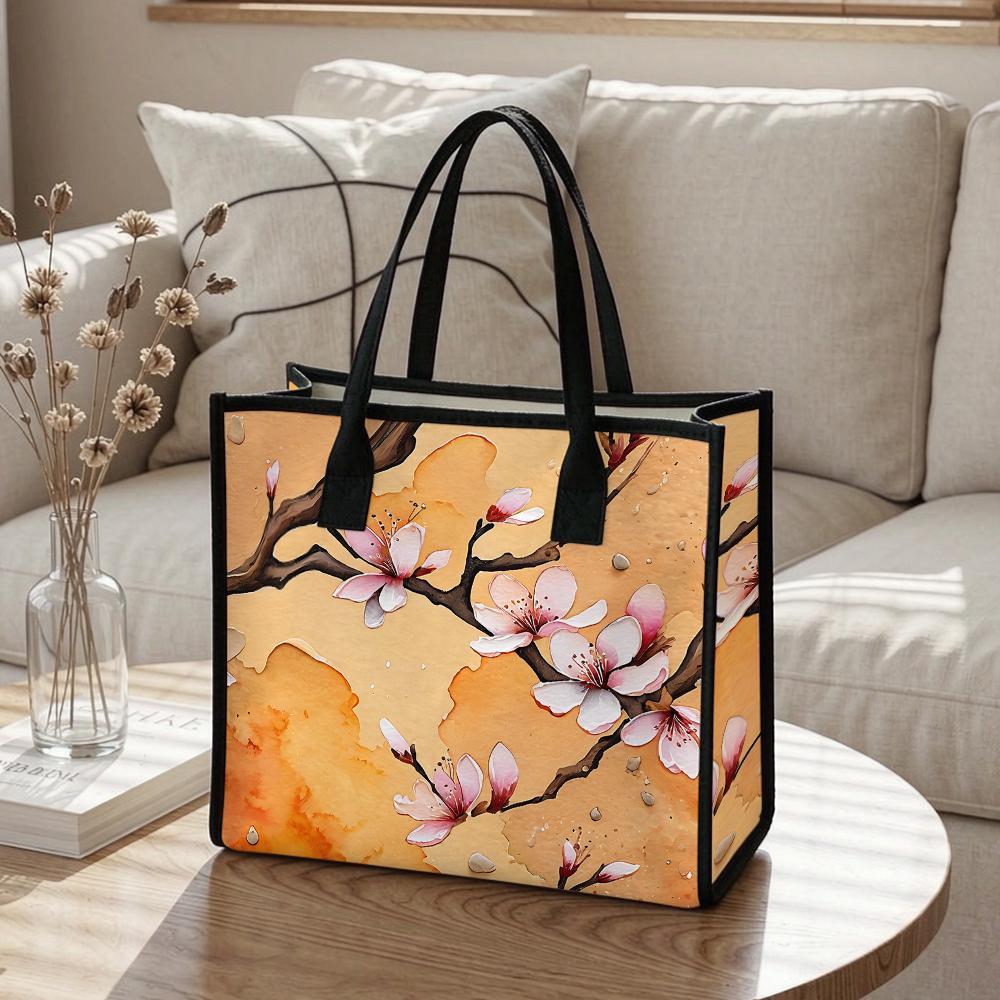 Elegant Cherry Blossom Print Fashion Daily Tote Bag Lightweight Casual Handbag for Outdoor Shopping