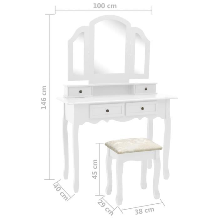 VidaXL Vanity Table and Stool Set White 100x40x146 Cm Paulownia