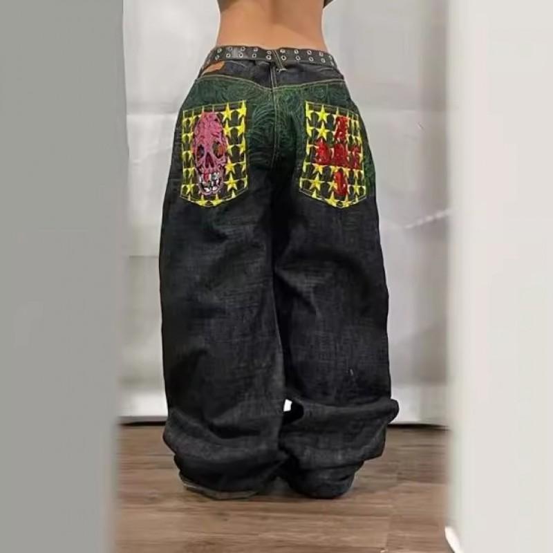 Mens Gothic Streetwear Denim Pants Loose Straight Cut Water Washed Cotton Jeans Youth