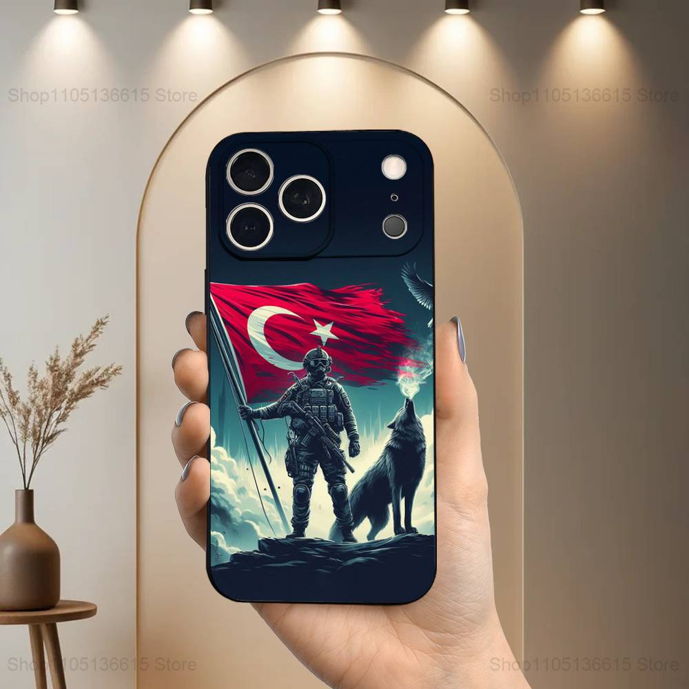 Turk Wolf Turkey Flag For iPhone 8,7,11,12,15,14,13,16,17,Plus,Pro Max,XS,X,XR,SE,Mini,Soft Silicone Black Case