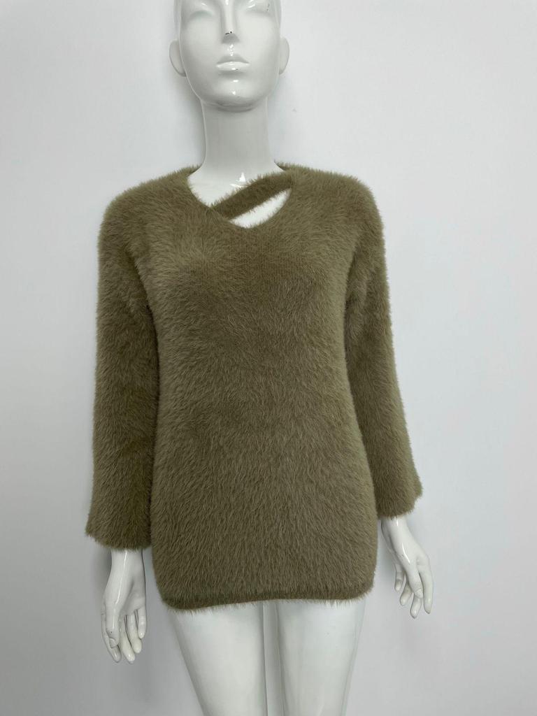 2025 Hollow V-Neck Faux Mink Velvet Sweater: Soft Knit Women's Solid Color Top