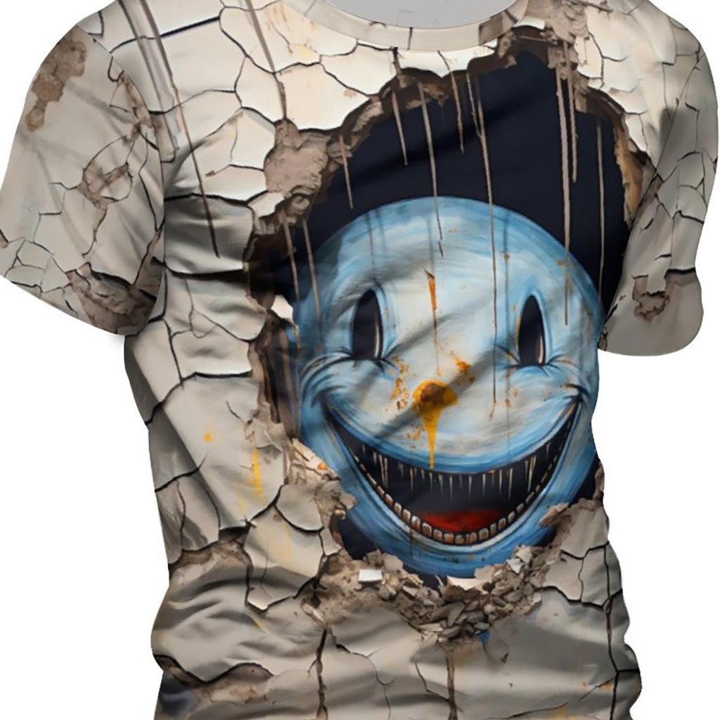 Mens Bold 3D Scary Smiling Face Graphic Tee - Ultra-Soft Short Sleeve Pullover  Comfortable Summer Outdoor Clothing