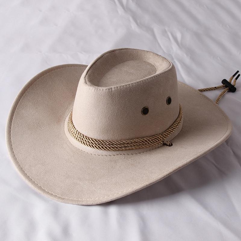 Modischer Western-Cowboyhut mit breiter Krempe und winddichtem Band, Vintage, einfarbig, Jazzhut, vielseitig kombinierbar für Freizeit und Urlaub