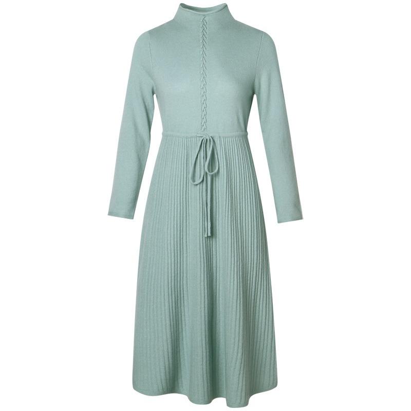 Knitted Dress for Women Autumn and Winter Waist Cinched Mid Length Sweater Dress Casual Base Over Knee Dress