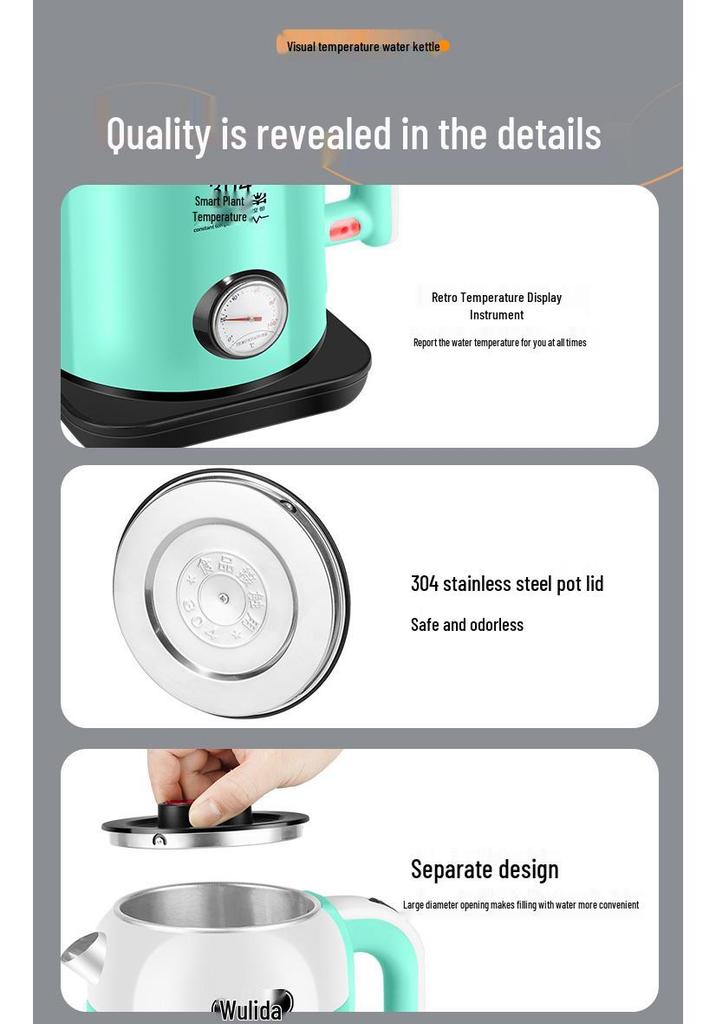 Smart 304 Stainless Steel Electric Kettle with Real-Time Temperature Display, Large Capacity, Safe for Infants and Pregnant Women.