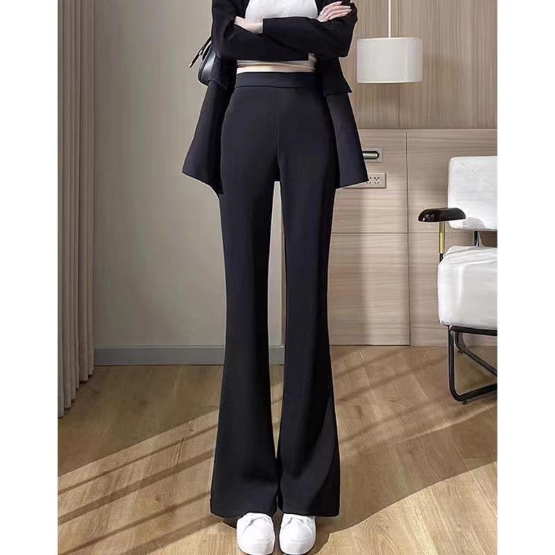 Women High Waist Elastic Thick Fleece Flared Casual Business Suit Pants