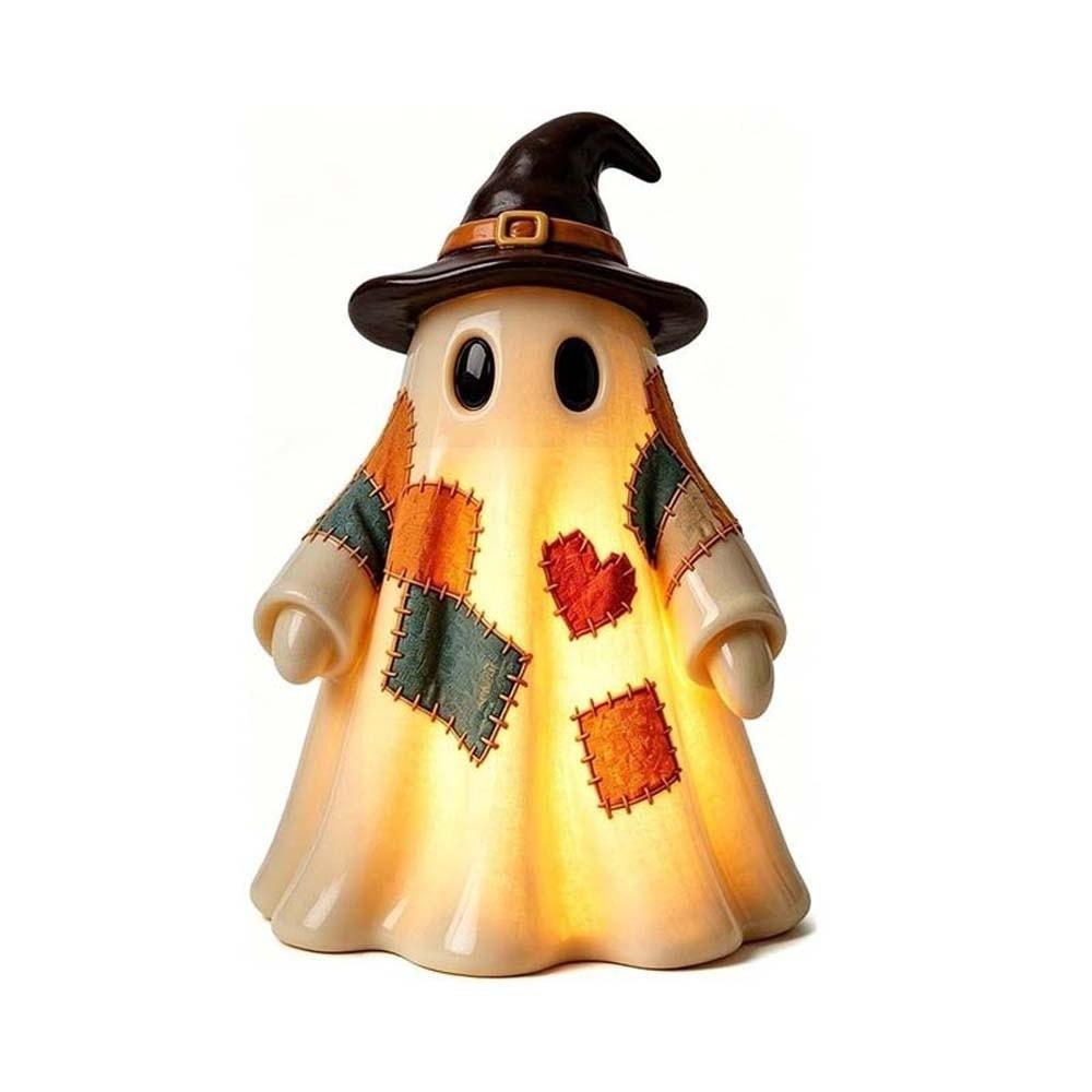 Resin Made Patchwork Ghost Light Lightweight Button Cell Battery Operated Ghost Pumpkin Lantern 3D Shaped Soft Glow
