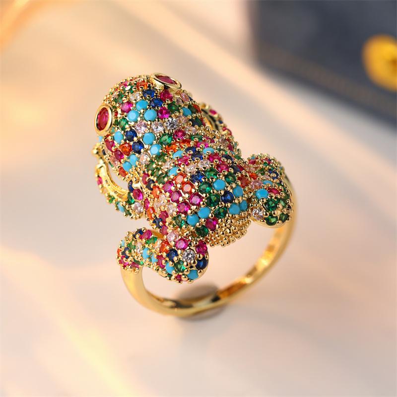 Luxury Inlaid Multicolored CZ Frog Women's Ring Aesthetic Gold Color Geometry Daily Wear Party Jewelry Anniversary Gift