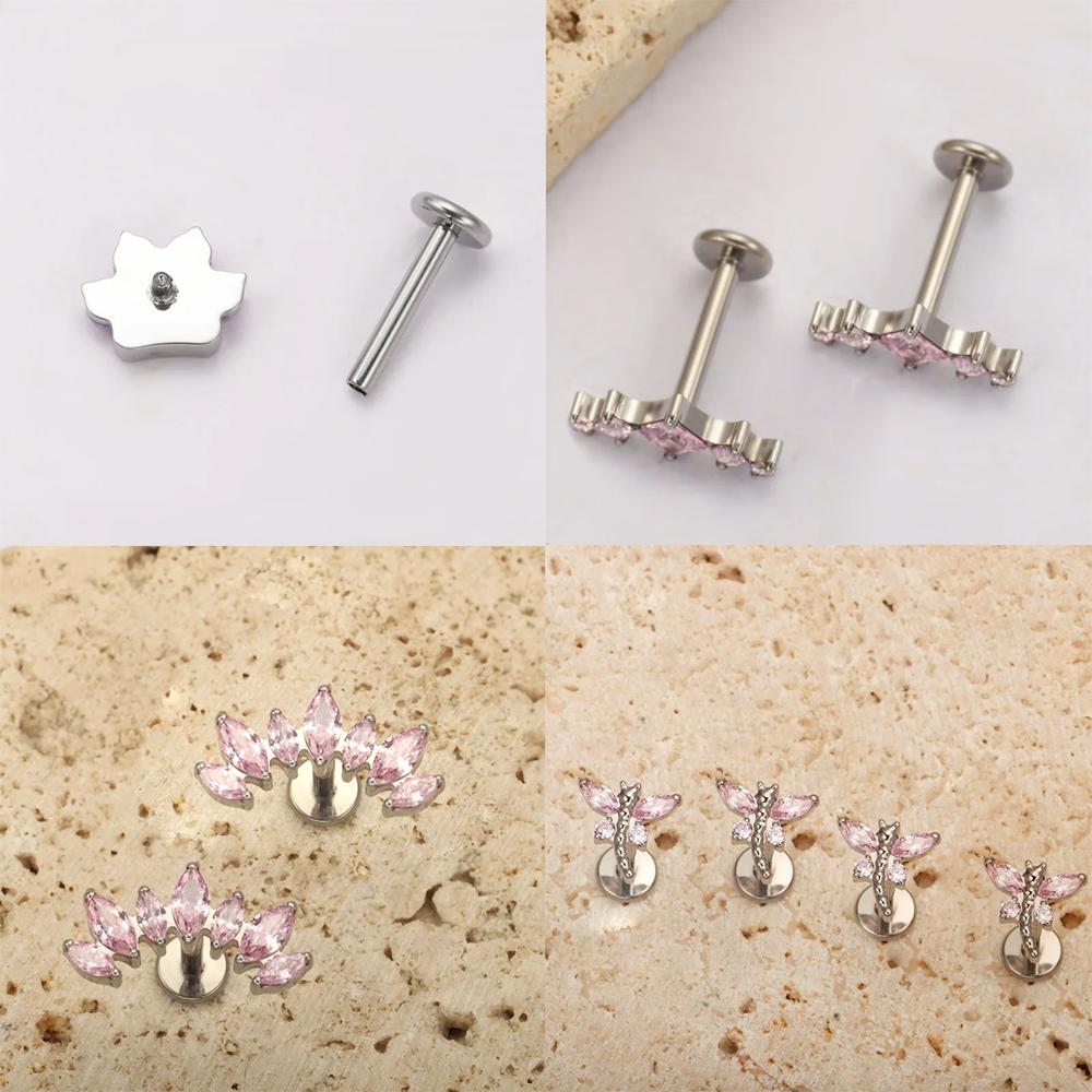 High-Quality F136 Titanium Alloy Pink Zirconia Stud Earring Set Fashionable Cartilage and Lip Piercing Jewelry for Men and Women