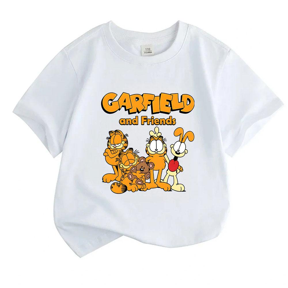 Unisex Boys Girls Crew Neck Short Sleeve 100% Cotton T-Shirt, Cute Orange Fat Cat and Friends Cartoon Print Casual Comfortable Daily Wear Summer Top f