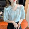 Summer  Office Lady Short Sleeve White Shirt Fashion Hollow Chiffon Women Blouse And Tops Elegant V-Neck Clothes Blusas 20201
