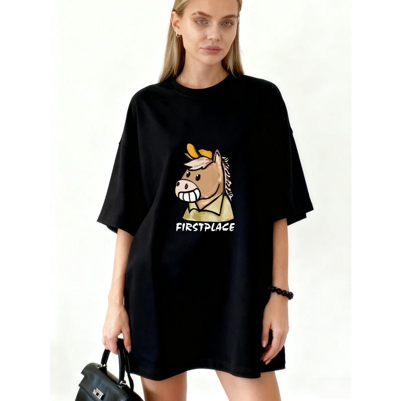 Oversized T-Shirt Black Horse Cartoon Print Firstplace Text Casual Wear XXXXL чёрный