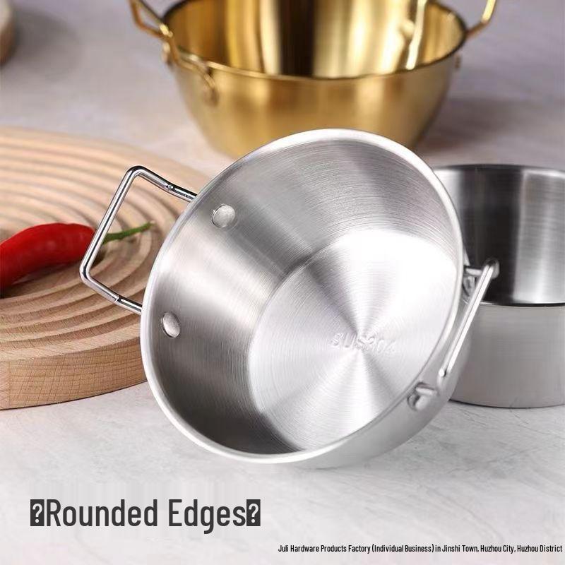 Golden Korean-Style Stainless Steel Seafood Ramen Pot – Double-Eared Flat Bottom Cooking Pot for Noodles and Soup.