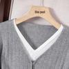 Women's Faux Two-Piece Color-Block V-Neck Zipper Knit Top