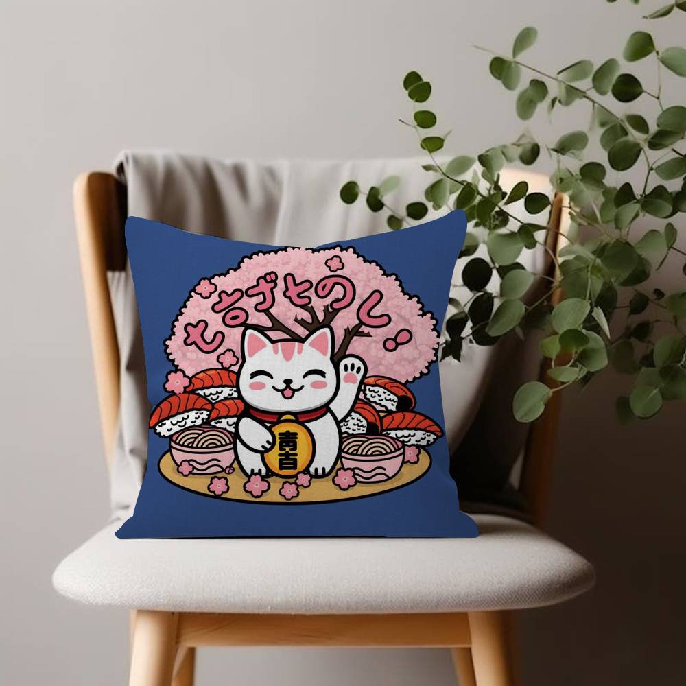 Lucky Cat Japanese Manekineko Pillow Case Sofa Living Room Bedroom Doublesided Printing Square Cushion Nap Time Pillow Case