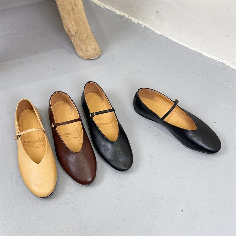 Johnature Genuine Leather Flats Women's Shoes Round Toe Casual Shallow Belt Buckle Soft Soled Shoes