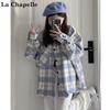 La Chapelle Women's Plaid Loose Fit Long Sleeve Cardigan Shirt