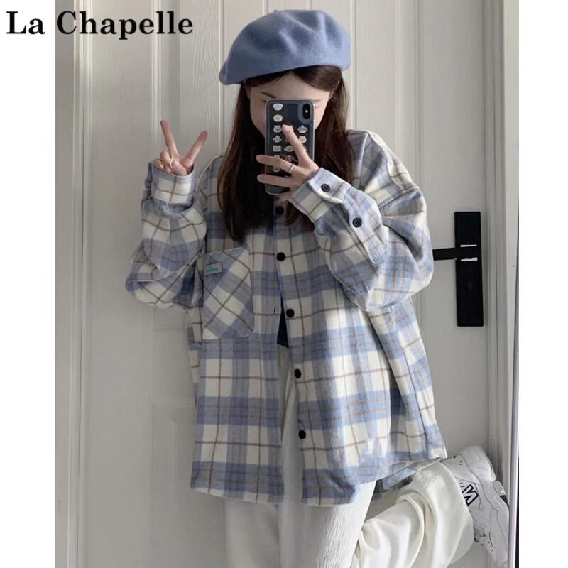 La Chapelle Women's Plaid Loose Fit Long Sleeve Cardigan Shirt