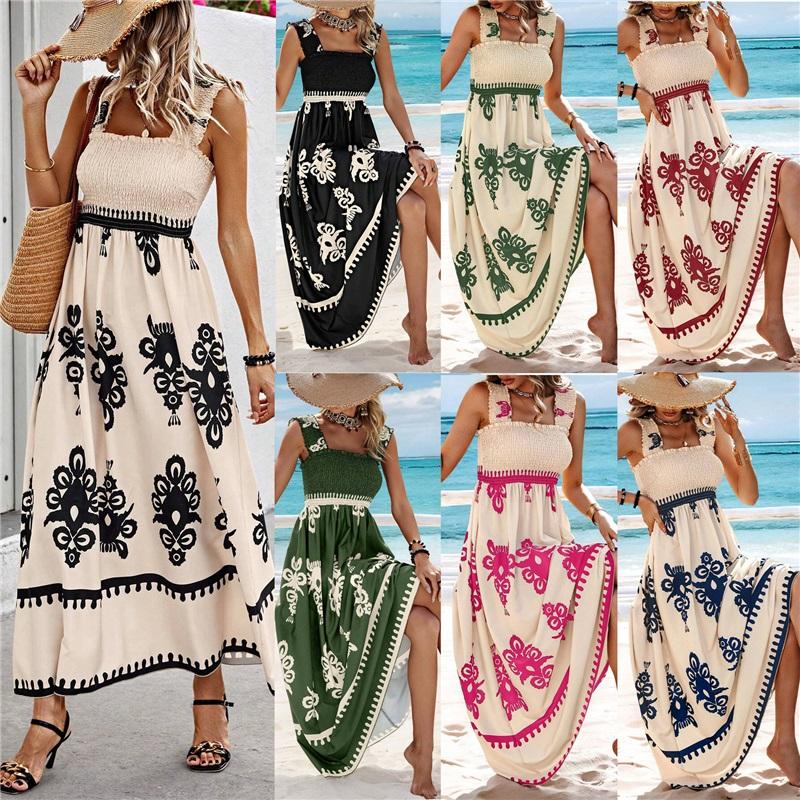 Summer New Style Women's Ladies Dress Printed Front Cross Sleeveless Loose Casual Beach Dress